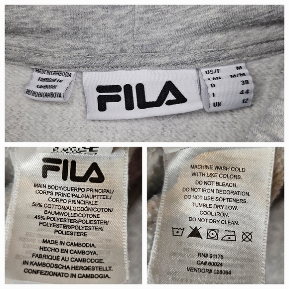 Fila Fleece Womens Medium Heather Grey White Drawstring Hooded Sweatshirt Hoodie - Picture 3 of 7